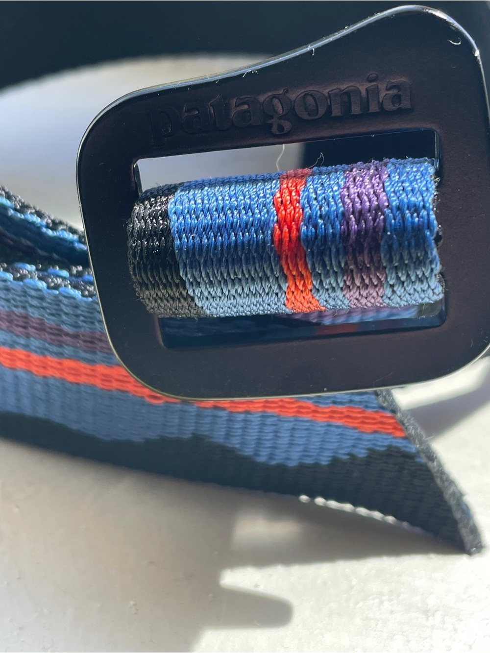 Patagonia Blue Webbing Belt with Orange Accent and Purple Detail mountains